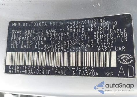 2010 Toyota Corolla S из США, поврежденный, VIN 2T1BU4EE7AC476214